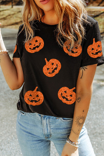 Black Glittering Pumpkin Faces T-Shirt