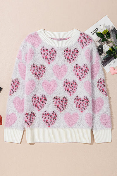 Fuzzy Pink Heart Leopard Sweater