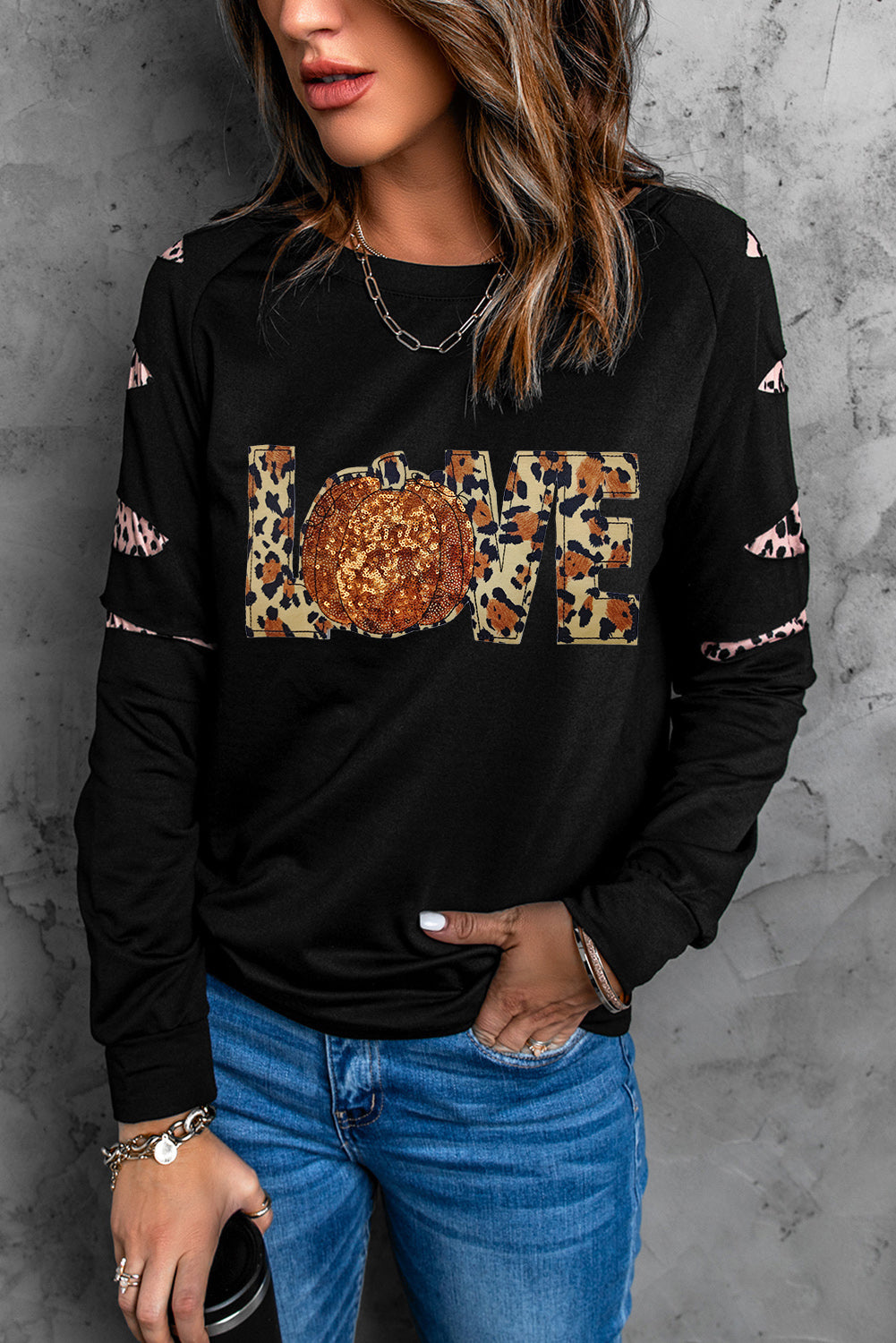 Black "Fall in Love" Leopard Pumpkin Sweatshirt