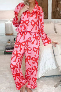 Pink Bow Button Up and Loose Pants Pajama Set