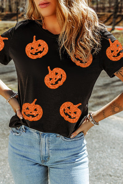 Black Glittering Pumpkin Faces T-Shirt