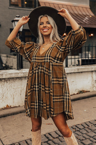 Brown Plaid Waist Babydoll Dress