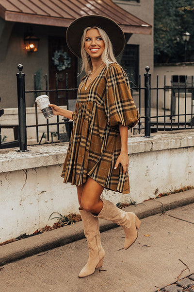 Brown Plaid Waist Babydoll Dress