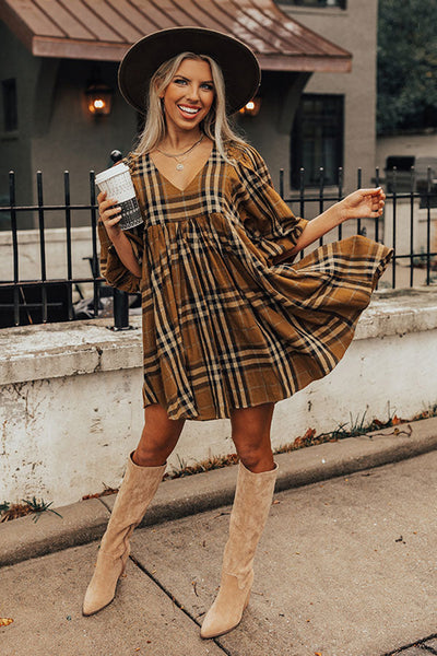 Brown Plaid Waist Babydoll Dress