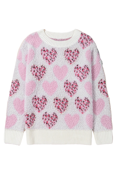 Fuzzy Pink Heart Leopard Sweater