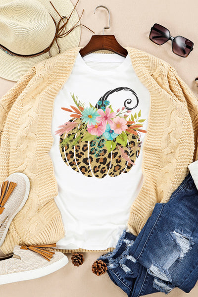 Floral Leopard Halloween Pumpkin T-Shirt