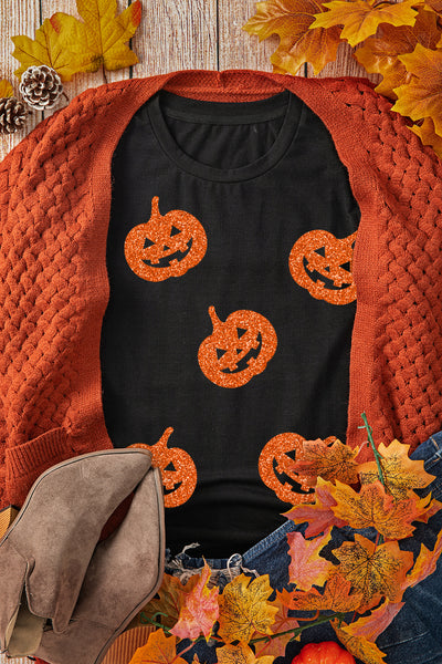 Black Glittering Pumpkin Faces T-Shirt