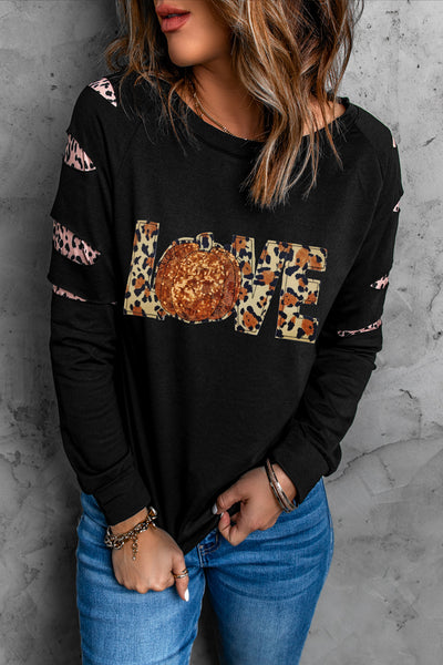 Black "Fall in Love" Leopard Pumpkin Sweatshirt