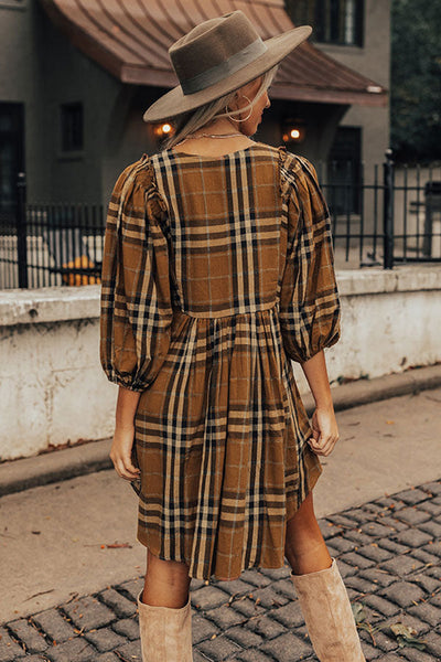 Brown Plaid Waist Babydoll Dress