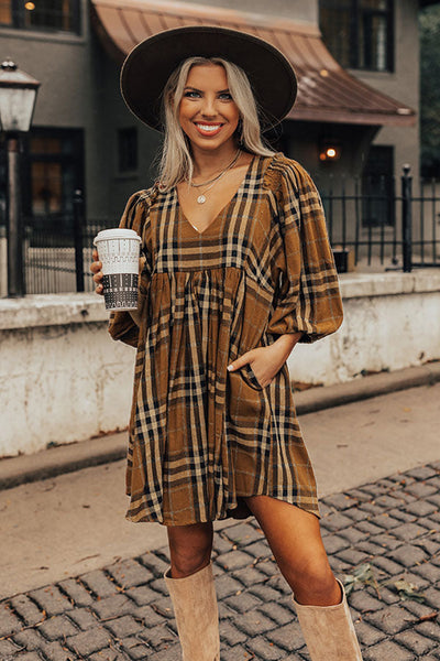 Brown Plaid Waist Babydoll Dress