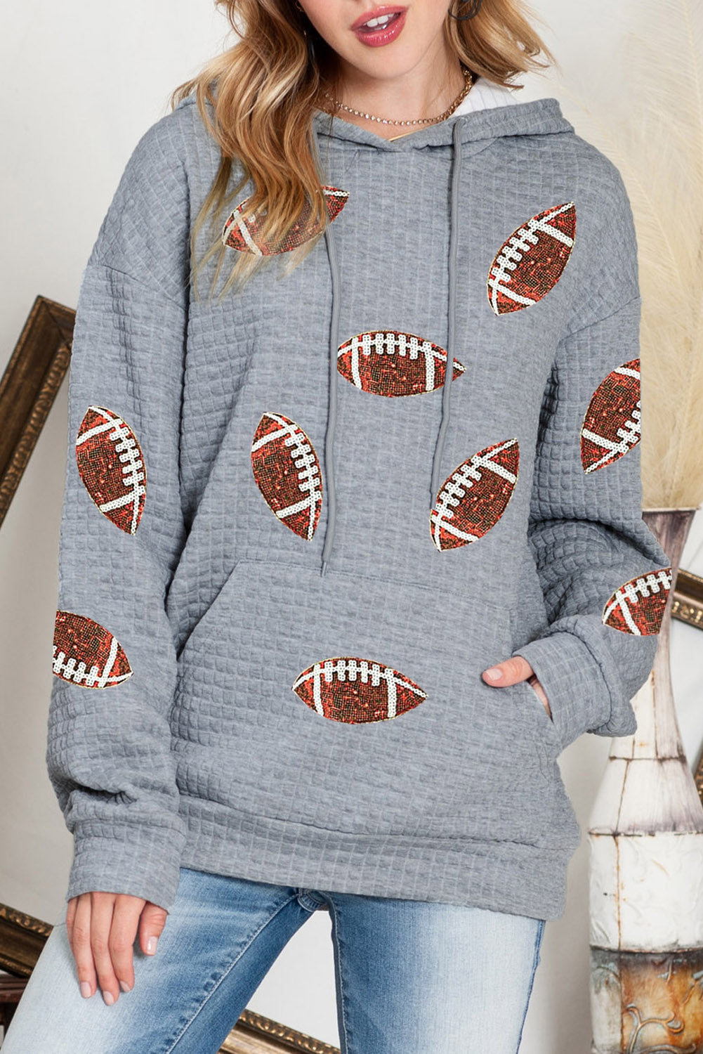 Waffle Knit Sequin Football Hoodie