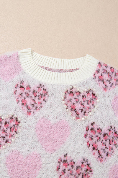 Fuzzy Pink Heart Leopard Sweater