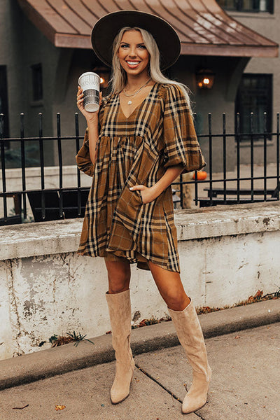 Brown Plaid Waist Babydoll Dress