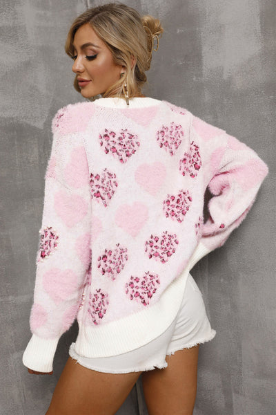 Fuzzy Pink Heart Leopard Sweater