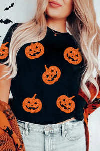 Black Glittering Pumpkin Faces T-Shirt