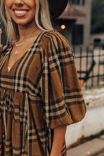 Brown Plaid Waist Babydoll Dress