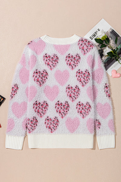 Fuzzy Pink Heart Leopard Sweater