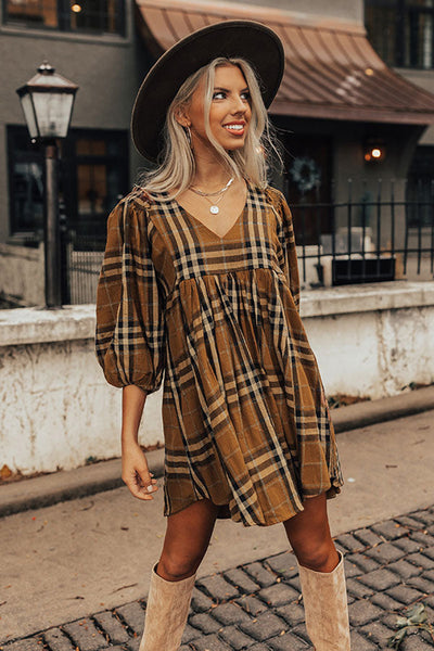 Brown Plaid Waist Babydoll Dress