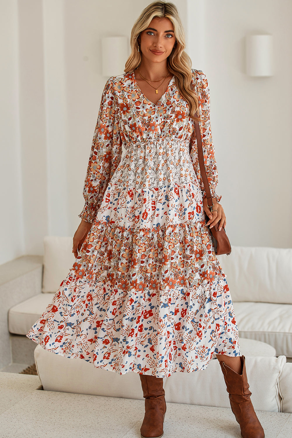 Ruffled Khaki Floral Midi Dress