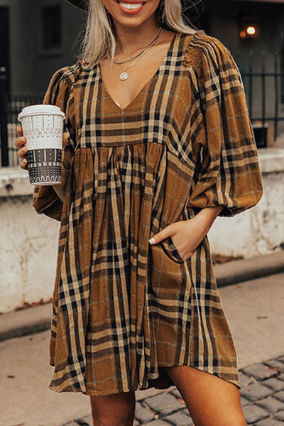 Brown Plaid Waist Babydoll Dress