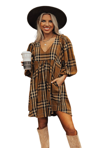 Brown Plaid Waist Babydoll Dress