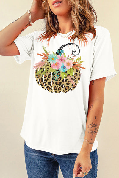 Floral Leopard Halloween Pumpkin T-Shirt