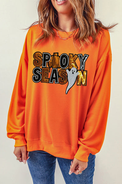 Orange Russet Sequin "SPOOKY SEASON" Halloween  Ghost Sweatshirt