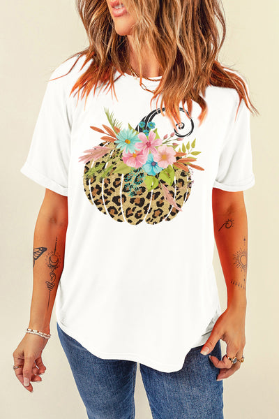 Floral Leopard Halloween Pumpkin T-Shirt