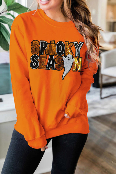 Orange Russet Sequin "SPOOKY SEASON" Halloween  Ghost Sweatshirt