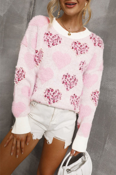 Fuzzy Pink Heart Leopard Sweater